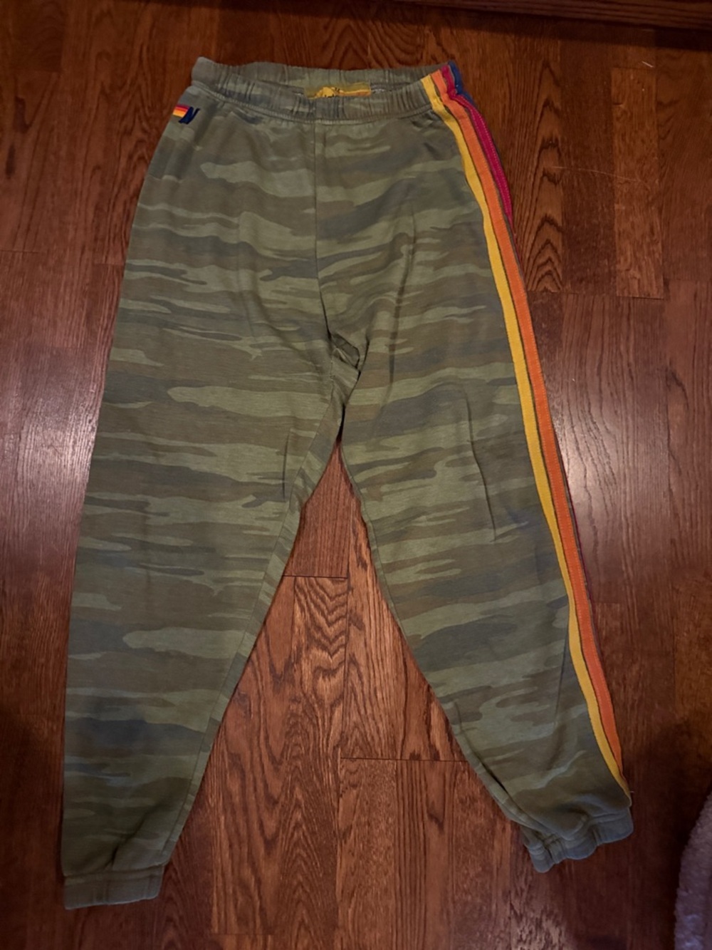 Aviator Nation Olive Camo Joggers with Rainbow Side Stripes